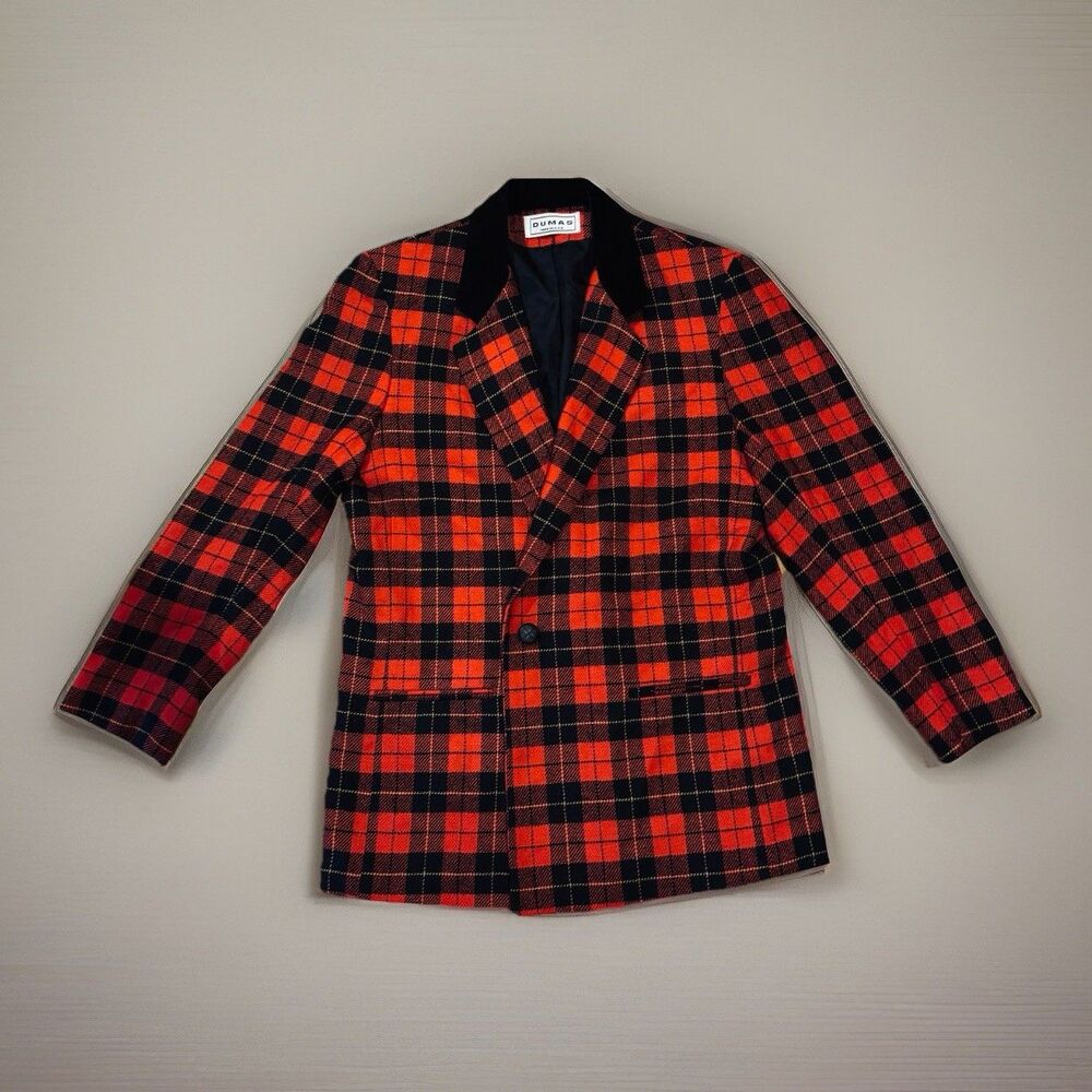 Vintage Dumas Red Black Plaid Wool Blend Blazer Jacket USA Made Womens Size L
